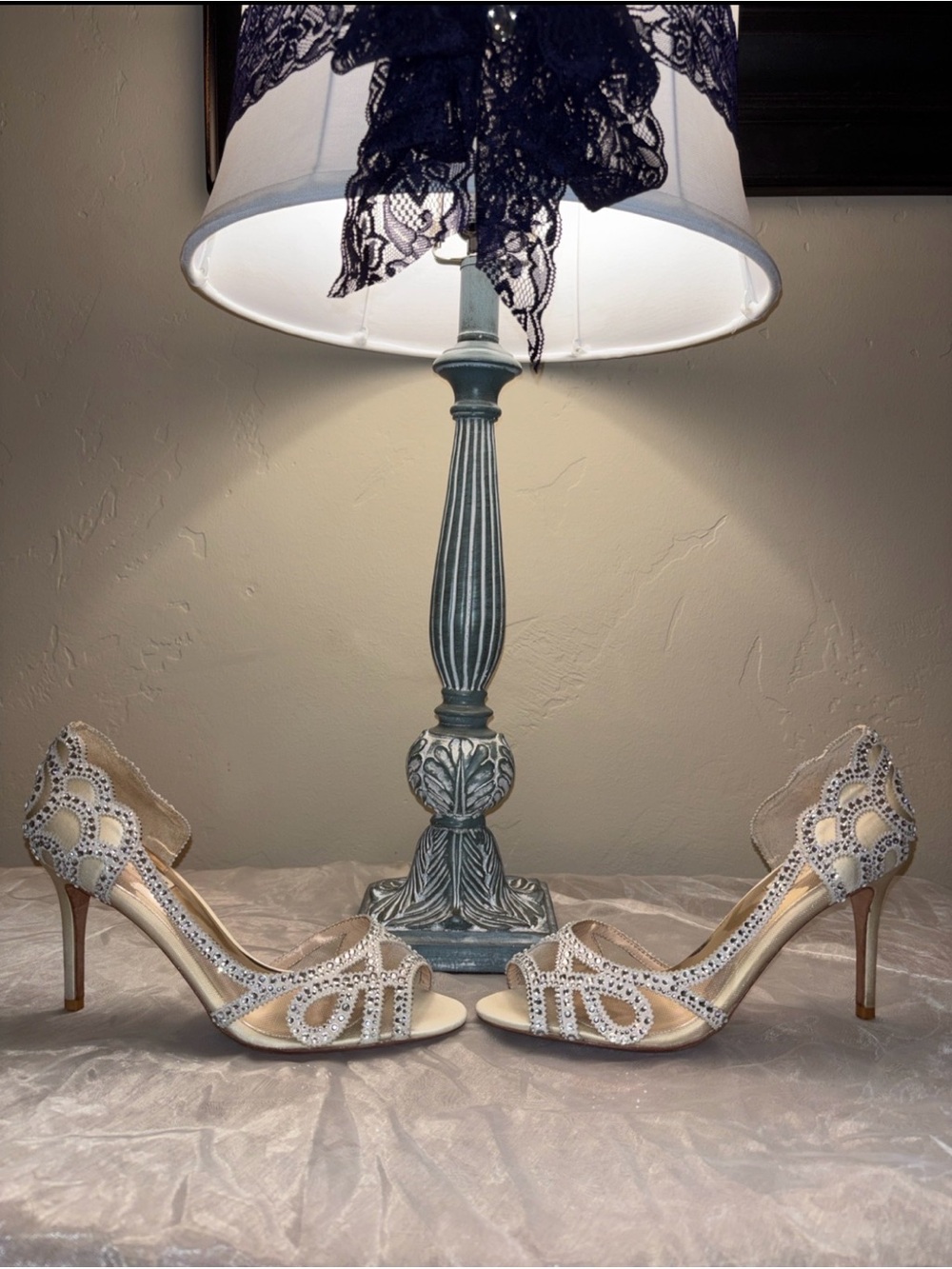 Badgley Mischka Ivory Crystal-Embellished Scalloped Open-Toe Heels